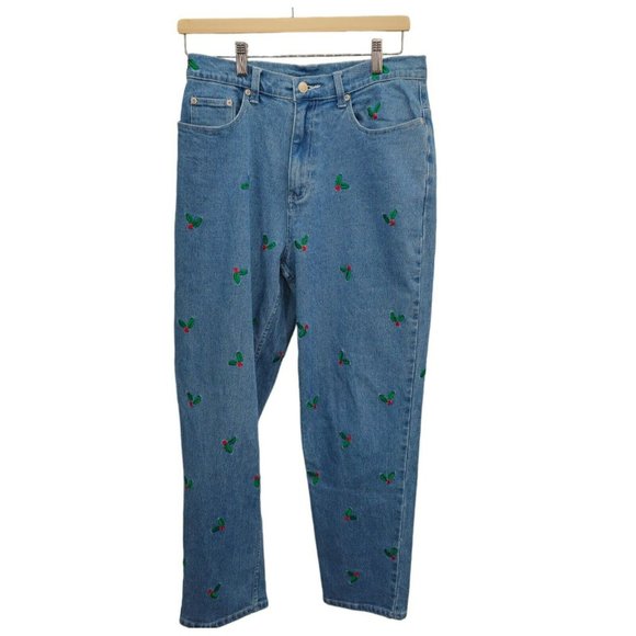 Quaker Factory Jeans Women's Cherry Embroidery Print High‎ Rise Size 10 Stretch - Picture 1 of 11